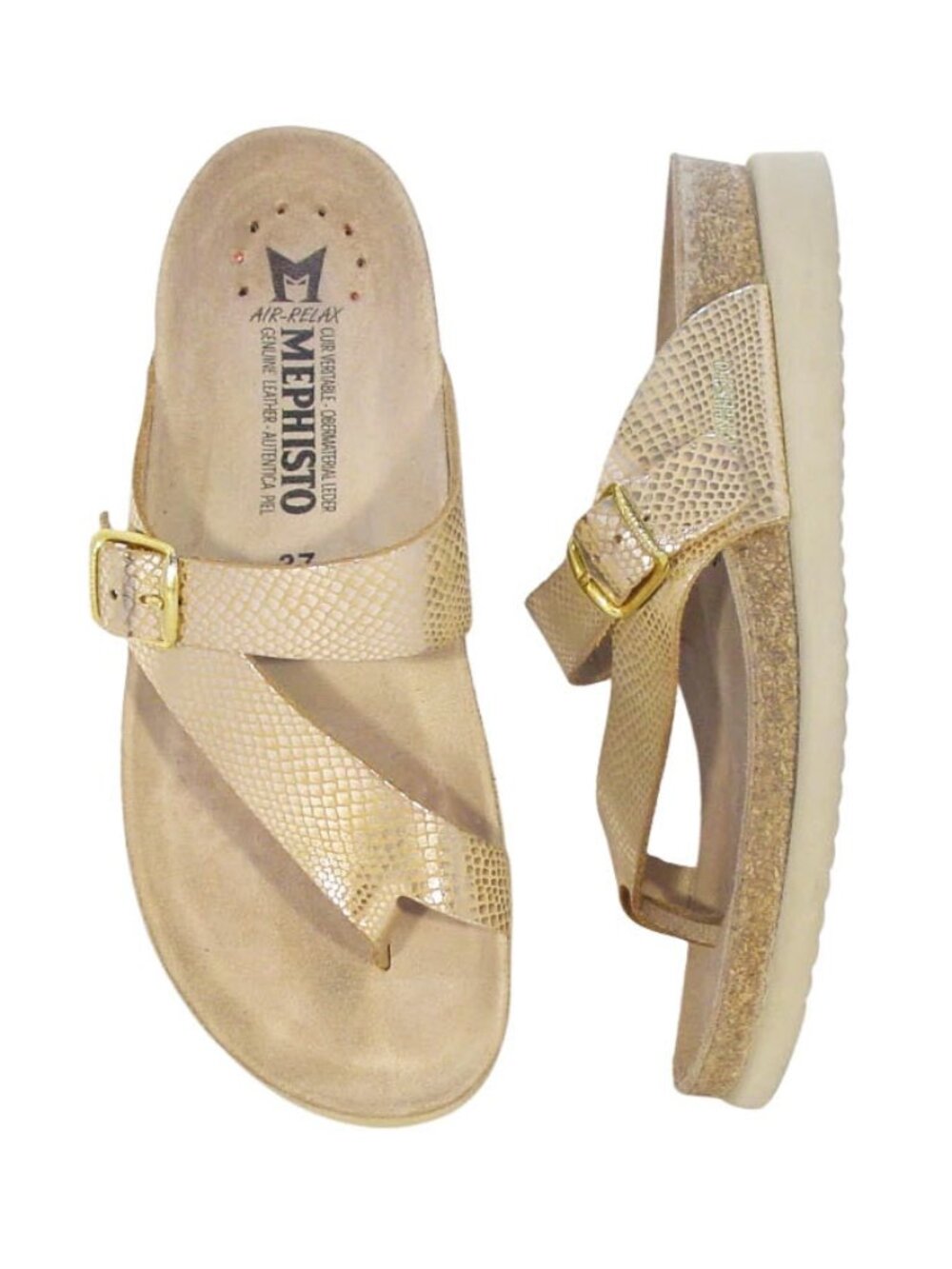 MEPHISTO Helen $175 Metallic Gold 'Sand Havana' Sandals 37/7 - Made in FRANCE